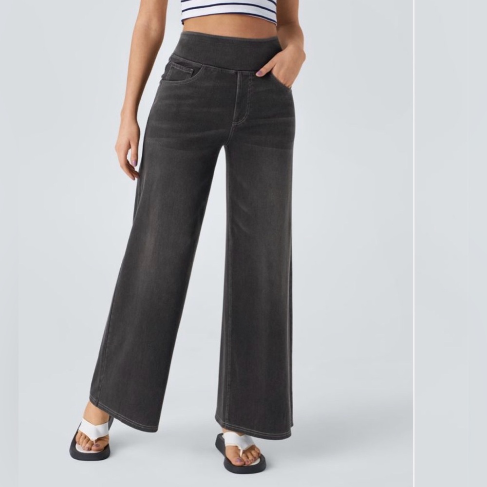 Halara Flex™ High Waisted Pockets Baggy Wide Leg Washed Casual Jeans